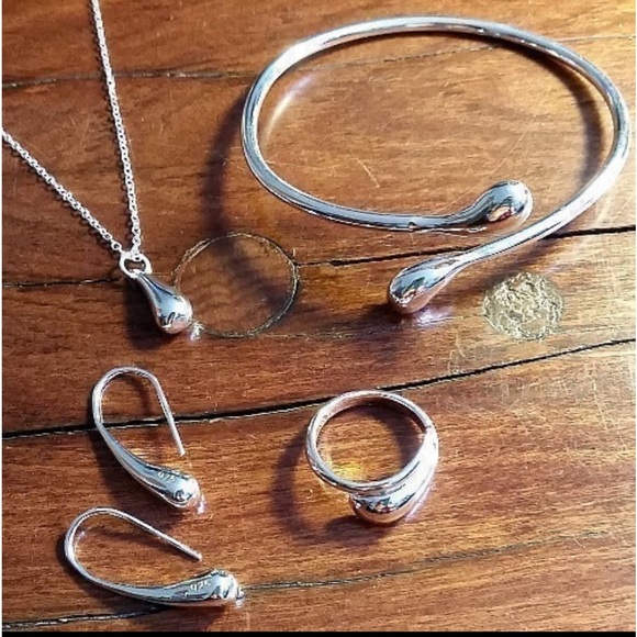 STERLING SILVER Water Drop Bean Jewelry Set Earrings Ring Bracelet Pendant Chain - Picture 1 of 11